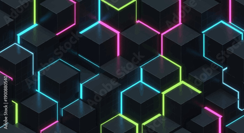 Vibrant neon lights outline futuristic black cubes in dynamic tech background