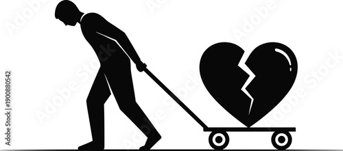 Broken heart burden silhouette illustration, emotional pain vector artwork, heartbreak struggle design, love loss symbol graphic, emotional burden artwork, romance sorrow art