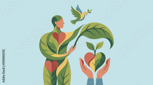 Woman nurturing plant with heart shaped leaves and dove flying overhead