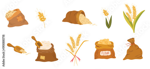 Bags flour and wheat ears set. Wheat, rye, rye ear, symbol of farming, bread, harvest. Whole stems, an organic vegetarian element of food packaging. Vector flat illustration.