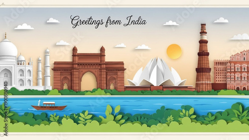 A creative paper-cut layered illustration featuring the Taj Mahal, Lotus Temple, Hawa Mahal, and Qutub Minar along a riverbank.