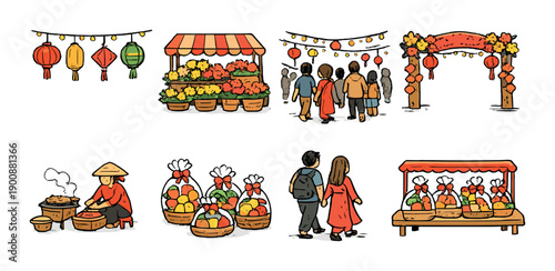 Festive asian market scene with lanterns, flowers, and diverse crowd