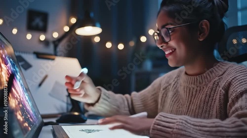 Young Woman Graphic Designer Working on Digital Tablet Late at Night.