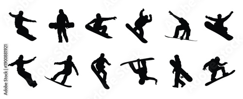 set of illustrations of snowboarding silhouettes