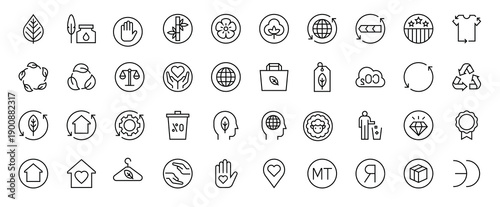 Slow fashion label line icon set, vector illustration