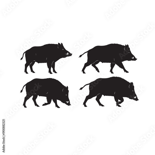 Wild Boar Silhouette Vector Set, Wild Boar Black and White Illustration, Boar Animal Silhouette Collection