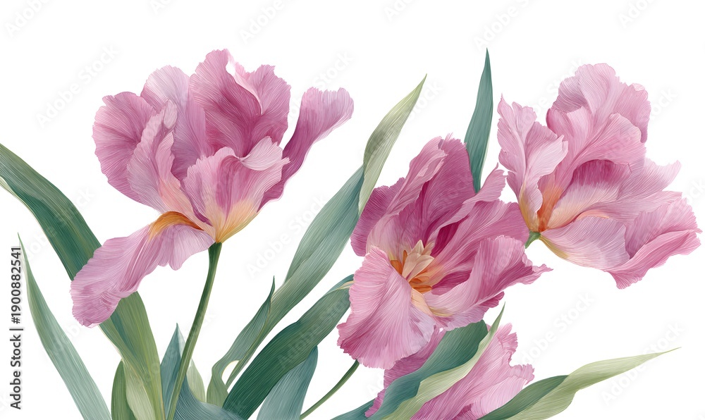 Obraz premium illustration of a flowers consition, fluid moviment of tulips and irises with pale pink colors and green leaf edges, painted with colored pencils on a white background