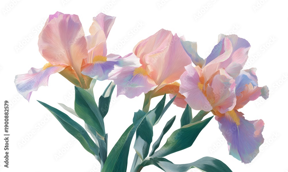 Obraz premium illustration of a flowers consition, fluid moviment of tulips and irises with pale pink colors and green leaf edges, painted with colored pencils on a white background