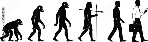 Human Evolution from Primate to Modern Digital Age: Silhouettes Showing Spear, Business Attire, and Smartphone Technology Progression