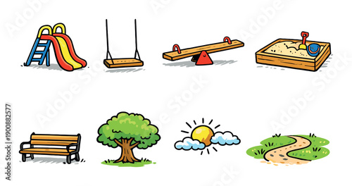 Colorful playground equipment and nature elements illustration