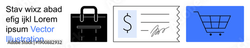 Online shopping, digital transactions, financial tools, business operations, economic processes, payment systems. Briefcase, receipt and shopping cart icon illustrations. Online shopping and digital