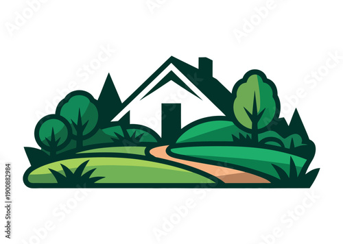 A serene landscape illustration of a house surrounded by lush greenery and a winding path
