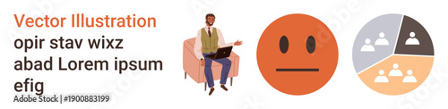 Business analysis, emotions, workplace productivity, demographic data, communication, presentation slides. A businessman with a laptop, neutral face emotion, and demographic pie chart illustration