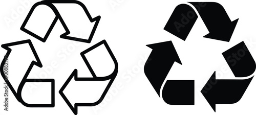 Recycle symbol icon set with outline and solid versions showing eco friendly waste management and sustainability concept isolated on white background vector illustration