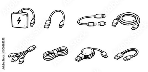 Various charging cables and connectors on gray background