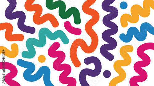 A delightful arrangement of multi colored wavy shapes and tiny dots on a bright white canvas