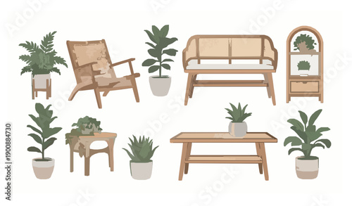 Scandinavian Wood and Rattan Furniture with Decorative Houseplants Vector Set