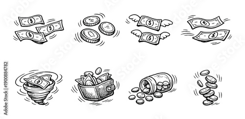 Hand-drawn money illustrations depicting various financial concepts