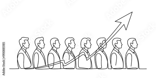 Continuous line drawing of businessmen in a row with an arrow pointing upwards indicating growth. Vector, illustration