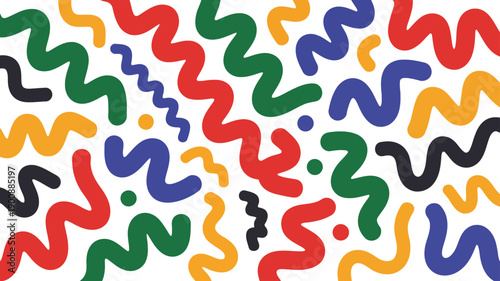 A lively arrangement of colorful wavy lines and scattered dots on a clean white surface