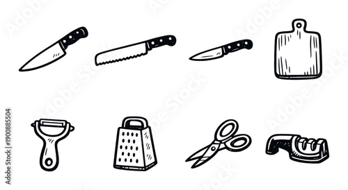 Hand-drawn kitchen utensils set with knives and cutting board on dark background