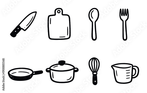 Minimalist kitchen utensil icons set: knife, cutting board, spoon, fork, pan, pot, whisk, measuring cup