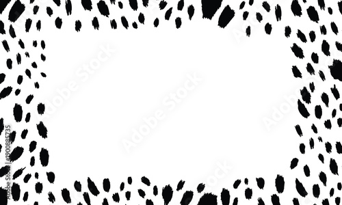 Black and white frame with modern ornament of stylized leopard skin. Squared pattern for poster. Decorative abstract border with animal ornament. Trendy leather skin. Copy space. Vector illustration.