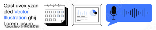 Scheduling, project management, data analysis, communication tools, remote work, digital productivity. A calendar, analytics dashboard and microphone with sound waves. Scheduling and project