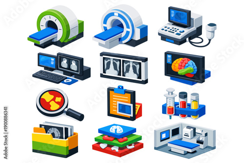Healthcare technology isometric icons: mri, x-ray, ultrasound, ct scan illustrations.