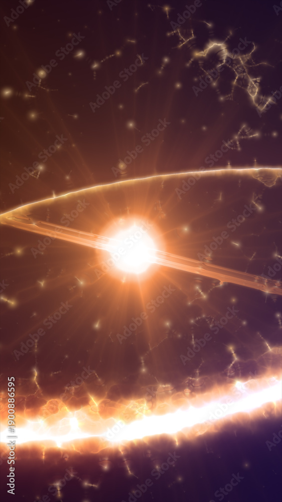 Fototapeta premium Radiant orange cosmic burst with glowing rings and star-like particles swirling around a bright central core