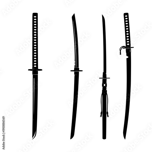 Katana and Wakizashi black silhouette vector illustration set