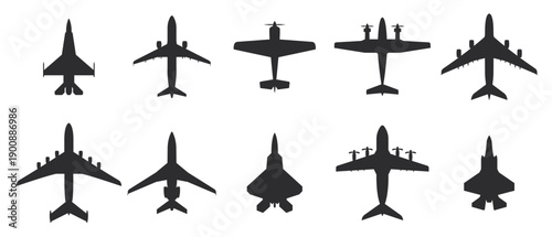 Airplane icon set. Aircrafts icons flat style. Airplanes silhouettes top view. Vector icons