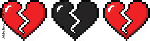 Pixel art set of broken heart icons for game life bar, 8 bit retro gaming health ui elements, game over design