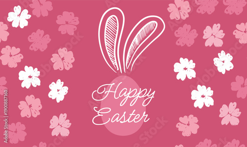 Rabbits's ears and egg with flowers on pink, Happy Easter. Hand drawn illustration.	
