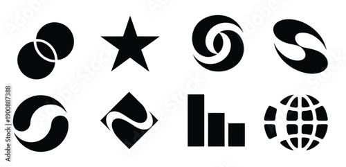 collection of nine minimalist black and white abstract logos 