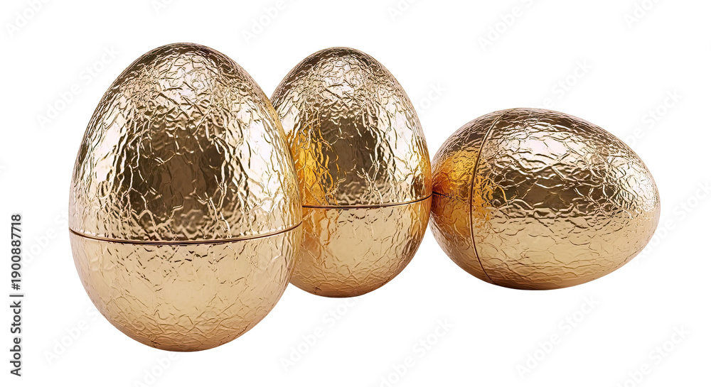Fototapeta premium Three golden Easter eggs with a textured foil finish on a white background