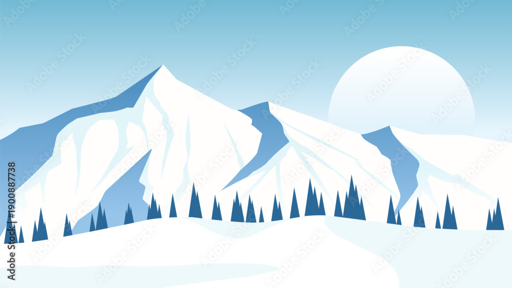 Fototapeta premium Snowy mountain landscape illustration with snow hill and pine trees