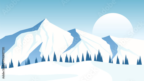 Snowy mountain landscape illustration with snow hill and pine trees