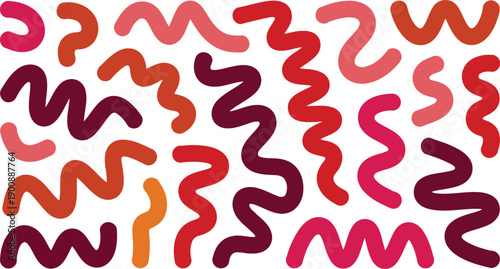 This image showcases an intriguing collection of winding and curved shapes in various shades of red and maroon