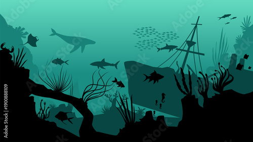 Shipwreck undersea landscape illustration with coral reef and fishes