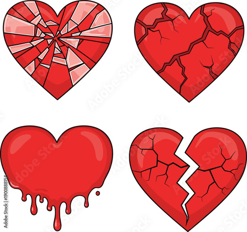 Set of broken red heart icons representing heartbreak, emotional pain, shattered love, divorce, grief, melting feelings, and cracked relationship symbols.