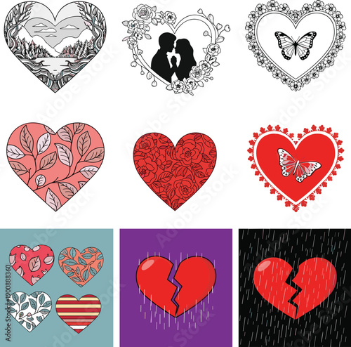 Set of three broken red heart icons representing heartbreak shattered love emotional pain divorce grief cracked relationship symbols and sadness isolated.