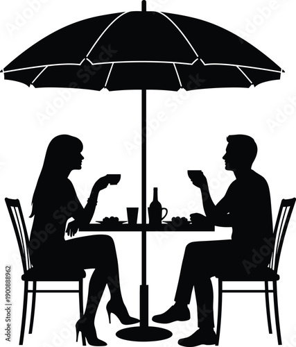 Silhouette of a romantic couple dating at a sidewalk cafe under an umbrella, man and woman drinking coffee together outdoors