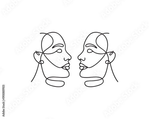 Continuous Line Drawing of Two Women Facing Each Other in Minimalist Style
