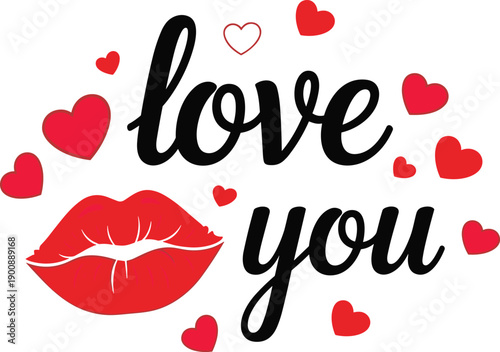 Love you text design, romantic typography artwork, red lips kiss vector, valentine symbol illustration, emotional affection graphic, holiday romance message art