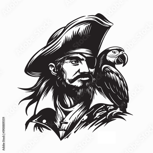 Pirate With Parrot On His Shoulder Image Vector Isolated on White Background