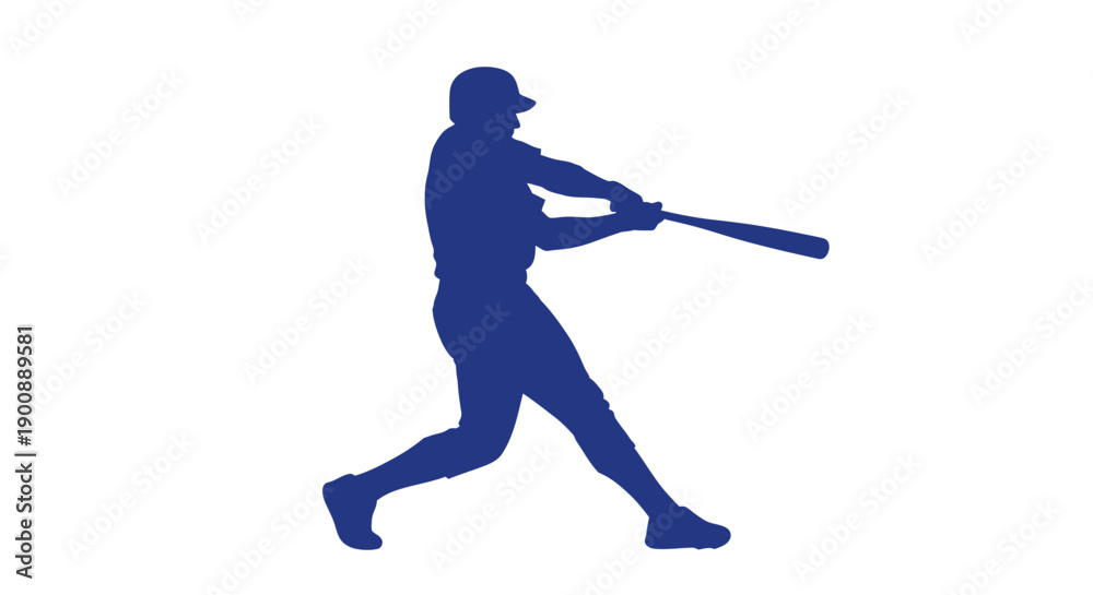 Fototapeta premium Blue silhouette of a baseball player in mid-swing, powerfully hitting a ball with a bat during a game.