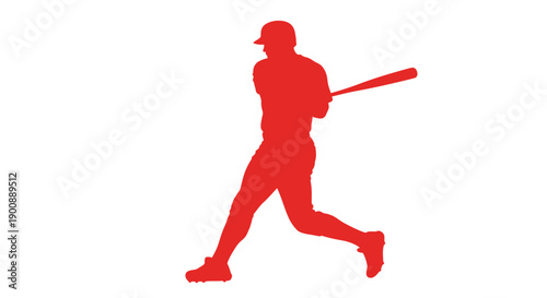 Red silhouette of a baseball player swinging a bat, ready to hit a ball, symbolizing athletic performance and the excitement of the game