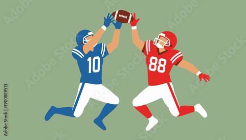 Two American football players in blue and red uniforms leap to catch a football during a competitive game, illustrating teamwork and athletic prowess on a muted green background