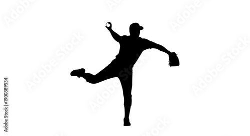 Silhouette of a baseball pitcher in the process of throwing a ball, captured against a plain white background, highlighting athletic motion and sport